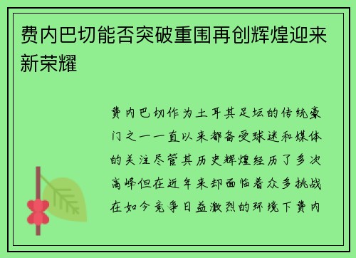 费内巴切能否突破重围再创辉煌迎来新荣耀