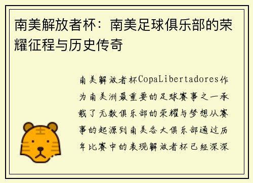 南美解放者杯：南美足球俱乐部的荣耀征程与历史传奇